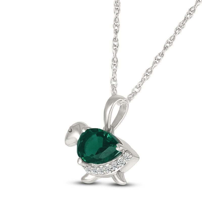 Main Image 2 of Pear-Shaped Lab-Created Emerald & White Lab-Created Sapphire Turtle Necklace Sterling Silver 18"