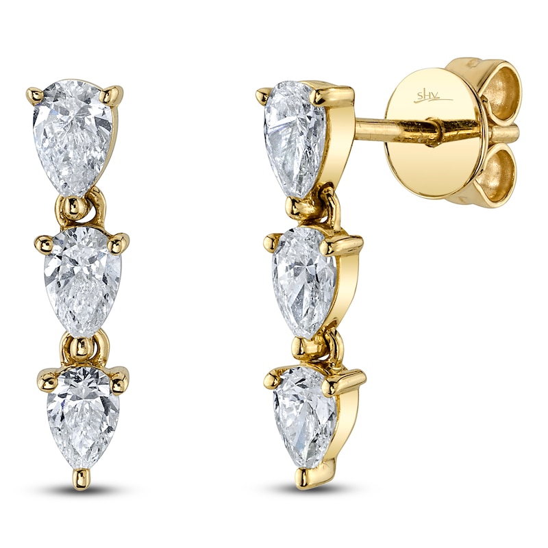 Main Image 2 of Shy Creation Pear-Shaped Diamond Three-Stone Graduated Dangle Earrings 3/4 ct tw 14K Yellow Gold SC55024442