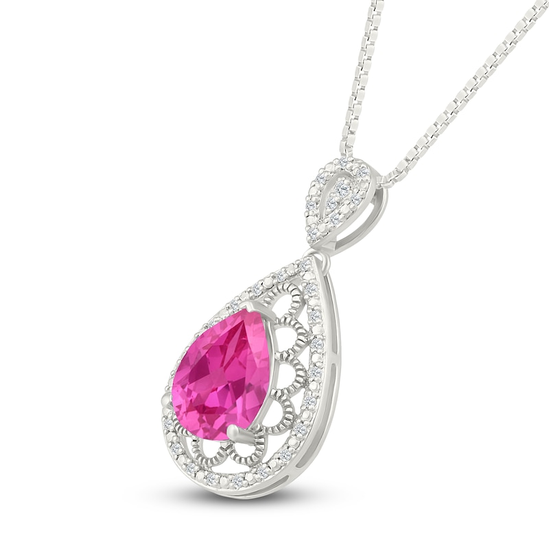Main Image 2 of Pear-Shaped Pink Lab-Created Sapphire & Diamond Filigree Necklace 1/10 ct tw Sterling Silver 18"
