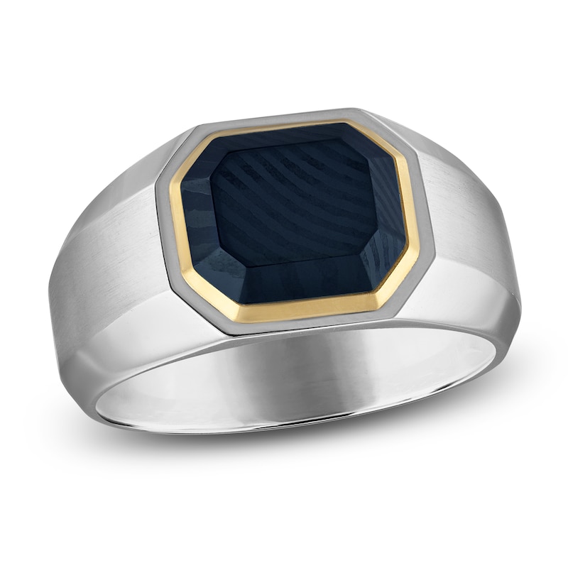 Main Image 1 of Forged by Jared Men's Octagon Ring Damascus Steel, Sterling Silver & 18K Yellow Gold