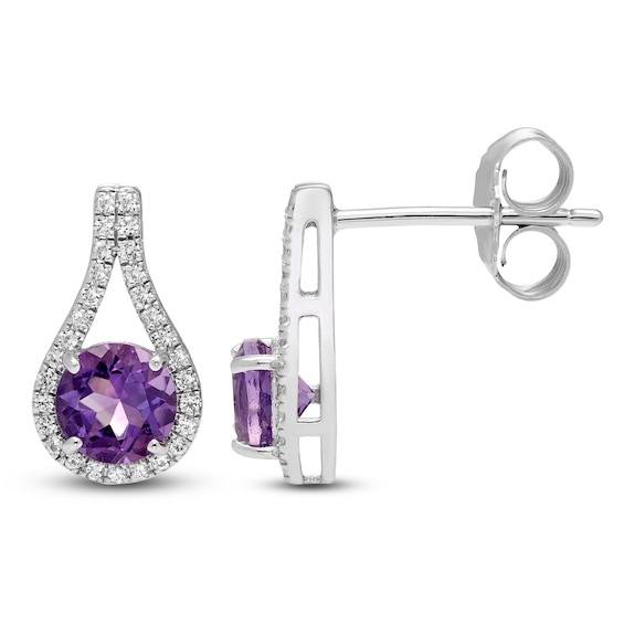 Natural Amethyst & White Lab-Created Sapphire Teardrop Halo Drop Earrings Sterling Silver