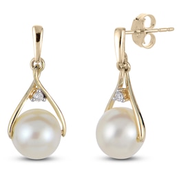 Cultured Pearl & Diamond Accent Dangle Earrings 10K Yellow Gold