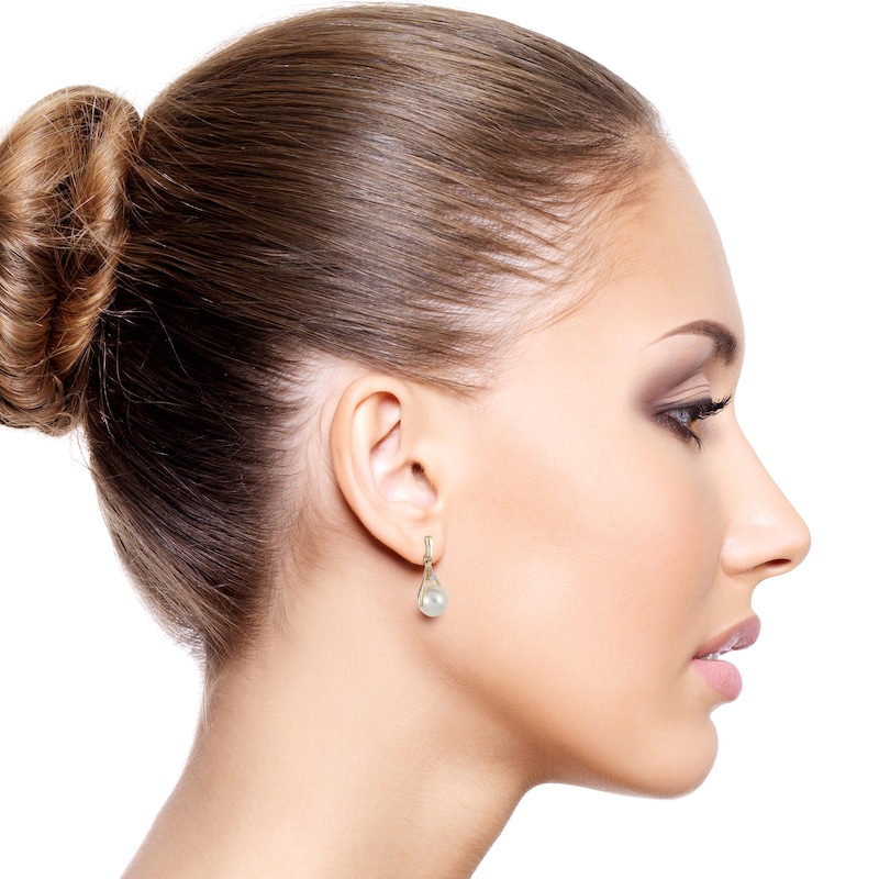 Main Image 2 of Cultured Pearl & Diamond Accent Dangle Earrings 10K Yellow Gold