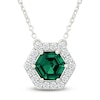 Thumbnail Image 1 of Hexagon-Cut Lab-Created Emerald & White Lab-Created Sapphire Halo Necklace Sterling Silver 18"
