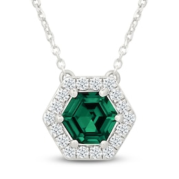 Hexagon-Cut Lab-Created Emerald & White Lab-Created Sapphire Halo Necklace Sterling Silver 18"
