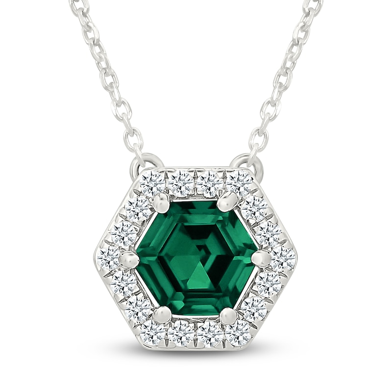 Main Image 1 of Hexagon-Cut Lab-Created Emerald & White Lab-Created Sapphire Halo Necklace Sterling Silver 18"