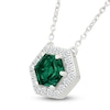 Thumbnail Image 2 of Hexagon-Cut Lab-Created Emerald & White Lab-Created Sapphire Halo Necklace Sterling Silver 18"