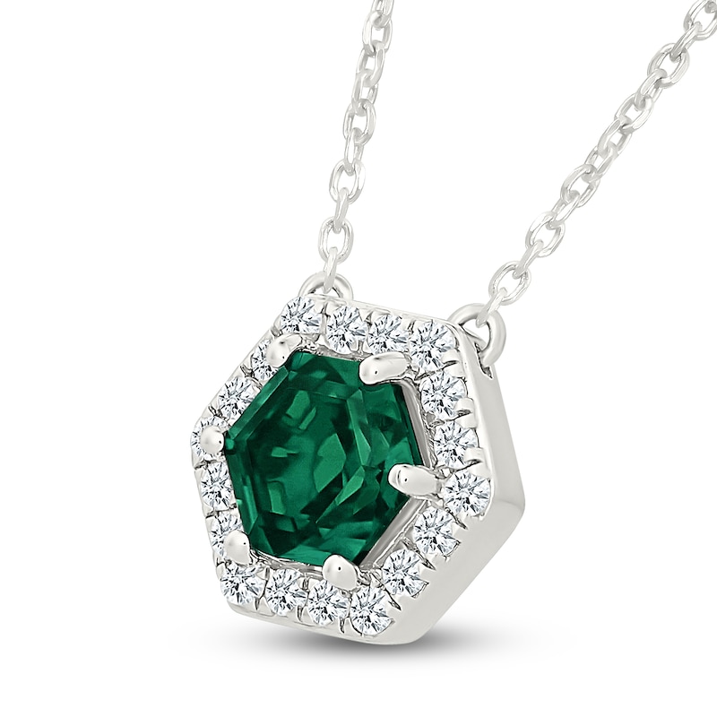 Main Image 2 of Hexagon-Cut Lab-Created Emerald & White Lab-Created Sapphire Halo Necklace Sterling Silver 18"