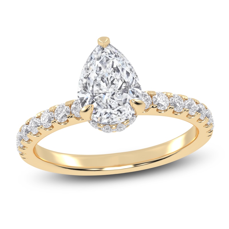 Main Image 1 of Pear-Shaped Lab-Grown Diamond Hidden Halo Engagement Ring 1-1/2 ct tw 14K Yellow Gold