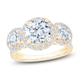 Certified Round-Cut Lab-Grown Diamond Three-Stone Halo Engagement Ring 4 ct tw 14K Yellow Gold
