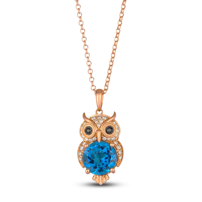 Main Image 1 of Le Vian Round Natural Blue Topaz & Diamond Owl Pendant Necklace 1/4 ct tw 14K Strawberry Gold