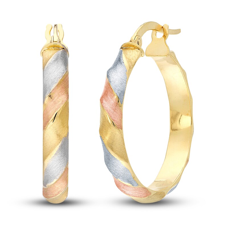 Main Image 1 of Satin/Ribbed Oval Hoop Earrings 14K Yellow Gold 20mm