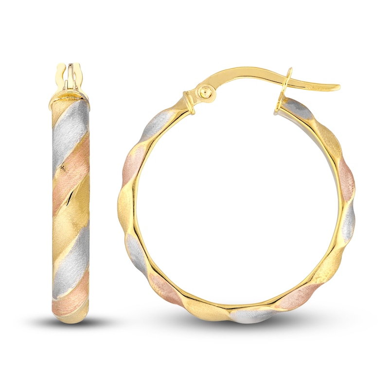 Main Image 2 of Satin/Ribbed Oval Hoop Earrings 14K Yellow Gold 20mm