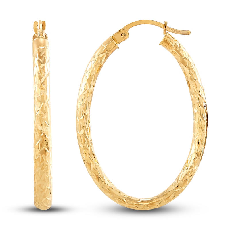 Diamond-Cut Oval Tube Hoop Earrings 14K Yellow Gold