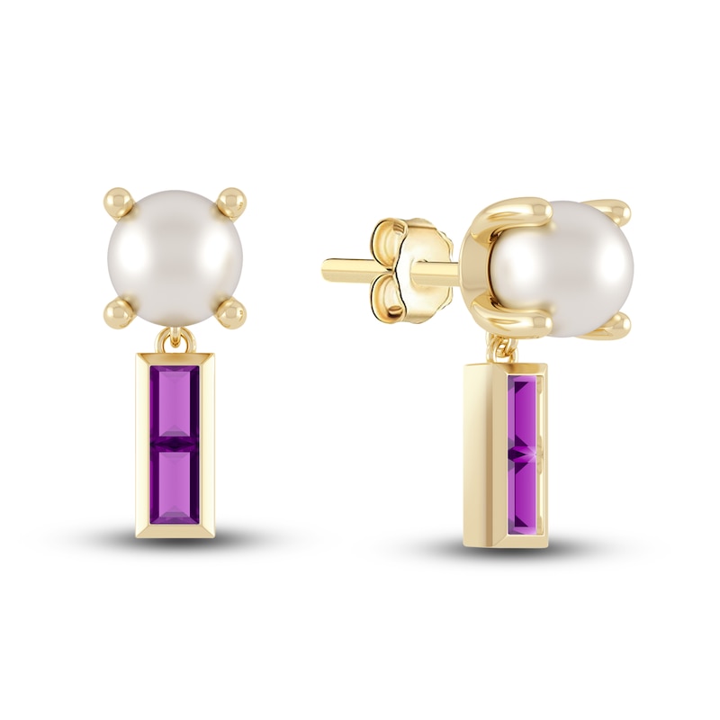 Main Image 1 of Juliette Maison Natural Amethyst Baguette and Freshwater Cultured  Pearl Earrings 10K Yellow Gold