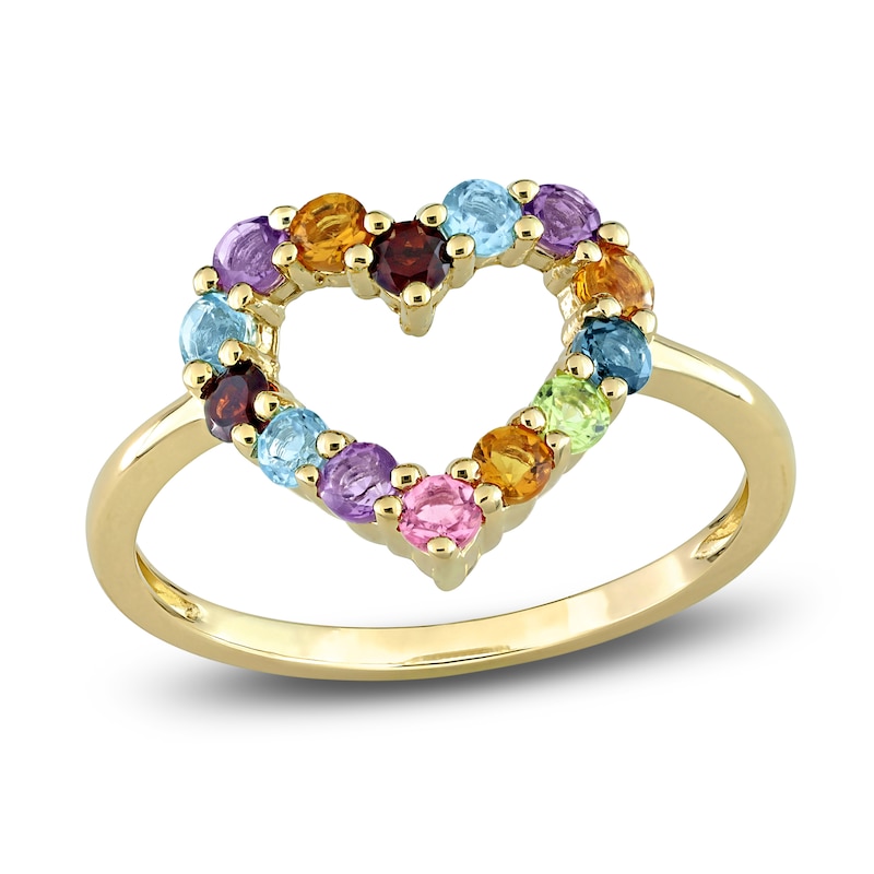 Natural Multi-Gemstone Heart Ring 10K Yellow Gold