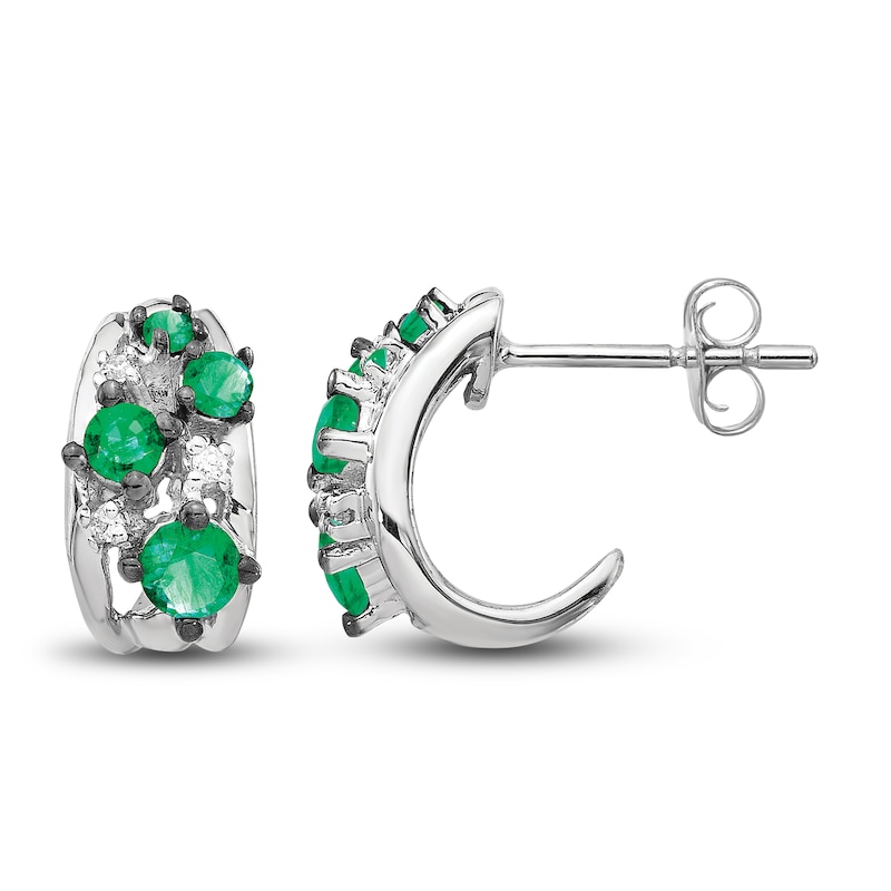 Natural Emerald Stud Earrings 1/20 ct tw Diamonds 14K White Gold