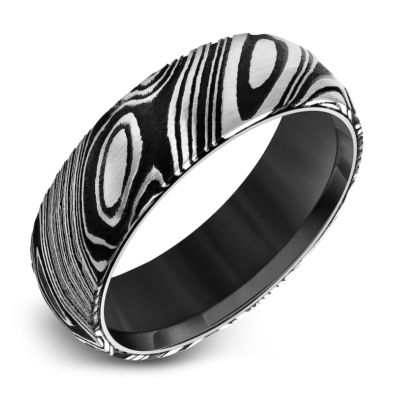 Main Image 1 of Men's Damascus Wedding Band Black Tungsten/Damascus Steel 7.0mm