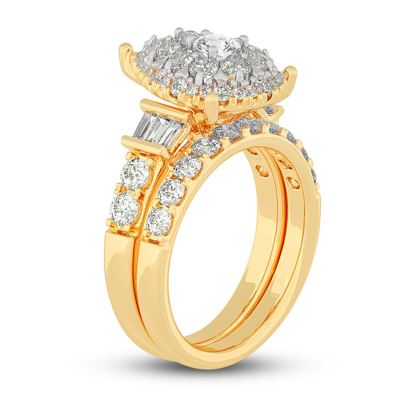 Main Image 2 of Diamond Halo Bridal Set 2 ct tw Round/Baguette 14K Yellow Gold