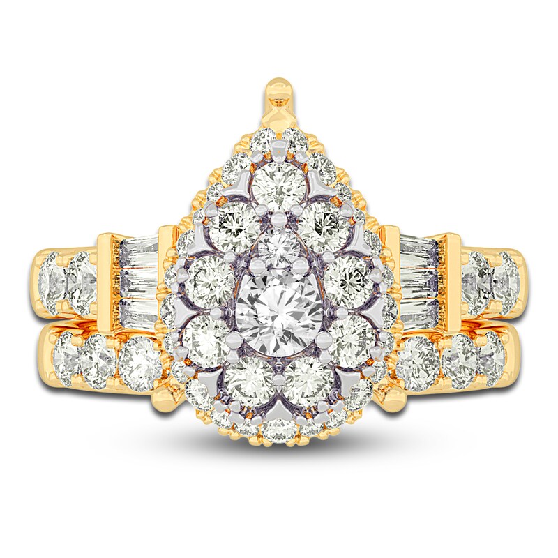 Main Image 3 of Diamond Halo Bridal Set 2 ct tw Round/Baguette 14K Yellow Gold