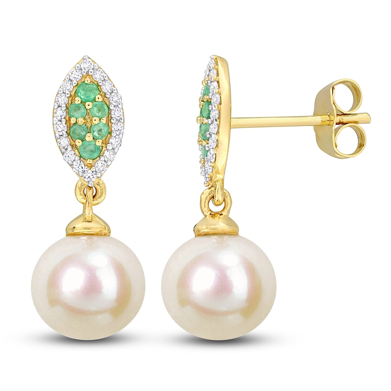 Main Image 1 of Freshwater Cultured Pearl & Natural Emerald Drop Earrings 1/8 ct tw Diamonds 14K Yellow Gold