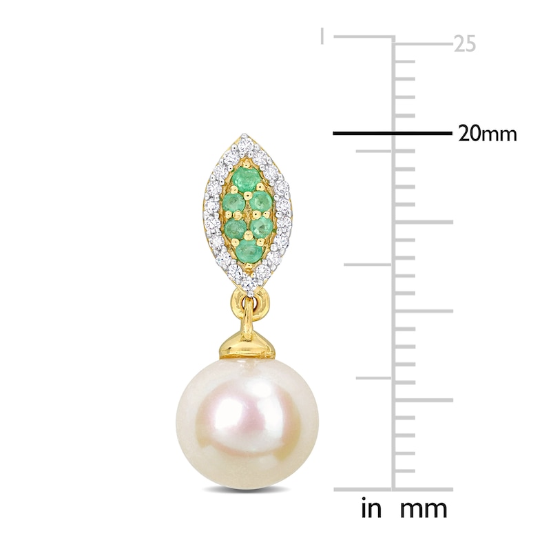 Main Image 2 of Freshwater Cultured Pearl & Natural Emerald Drop Earrings 1/8 ct tw Diamonds 14K Yellow Gold