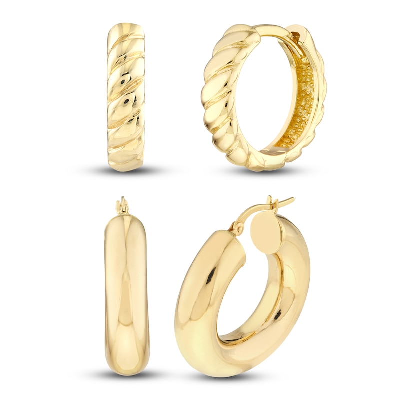High-Polish & Ribbed Huggie Hoop Earring Set 14K Yellow Gold