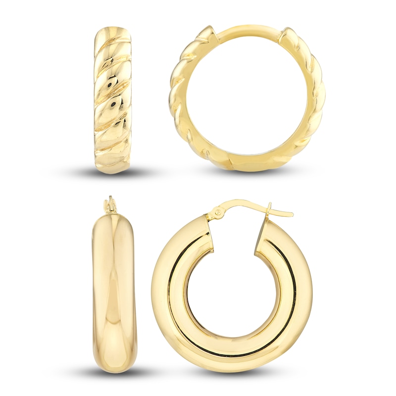 High-Polish & Ribbed Huggie Hoop Earring Set 14K Yellow Gold