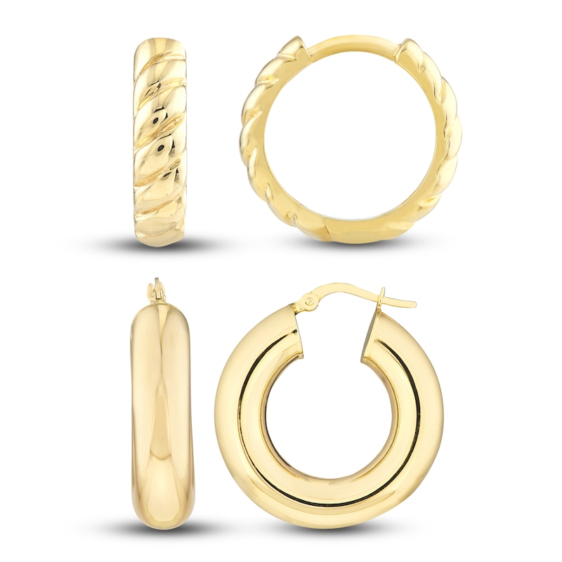 Main Image 2 of High-Polish & Ribbed Huggie Hoop Earring Set 14K Yellow Gold