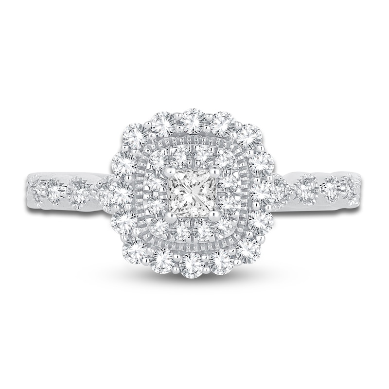 Main Image 3 of Princess & Round-Cut Diamond Double Halo Engagement Ring 1/2 ct tw 14K White Gold