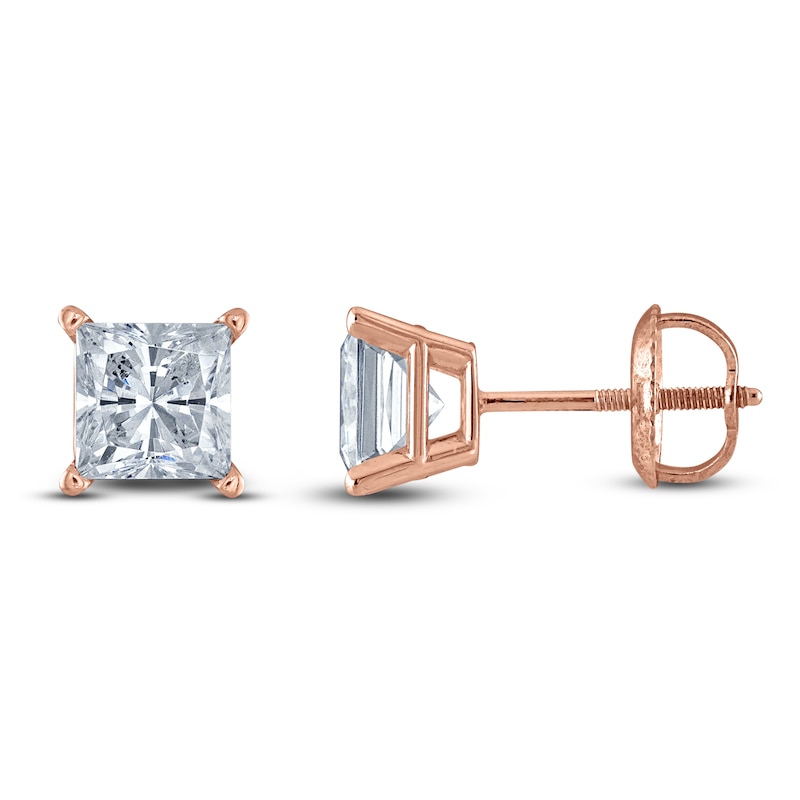 Main Image 1 of Princess-Cut Lab-Grown Diamond Solitaire Stud Earrings 1 ct tw 14K Rose Gold (F/SI2)