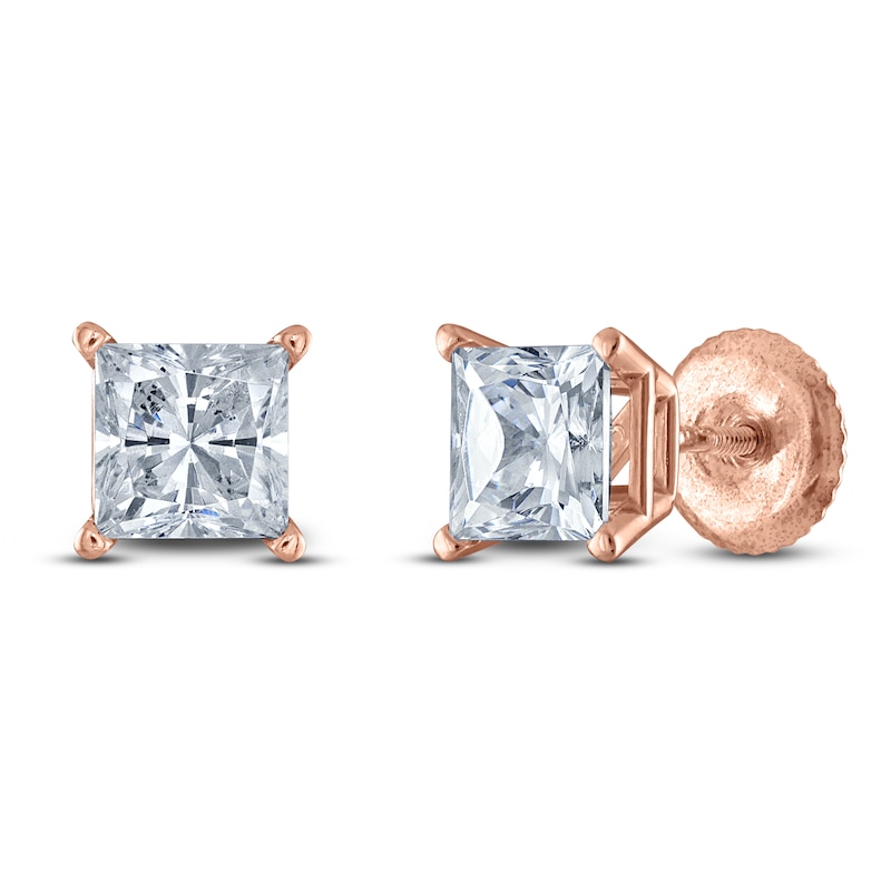 Main Image 2 of Princess-Cut Lab-Grown Diamond Solitaire Stud Earrings 1 ct tw 14K Rose Gold (F/SI2)