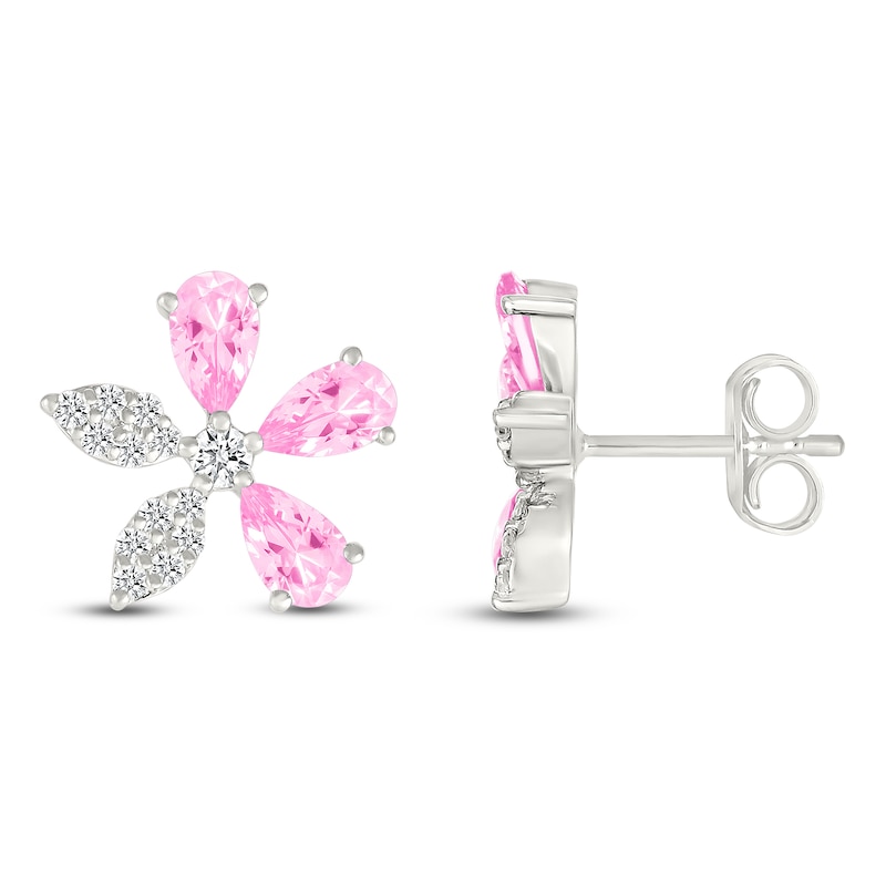 Main Image 1 of Pear-Shaped Pink Lab-Created Sapphire & White Lab-Created Sapphire Flower Stud Earrings Sterling Silver
