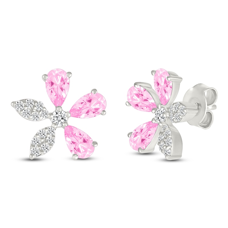 Main Image 2 of Pear-Shaped Pink Lab-Created Sapphire & White Lab-Created Sapphire Flower Stud Earrings Sterling Silver