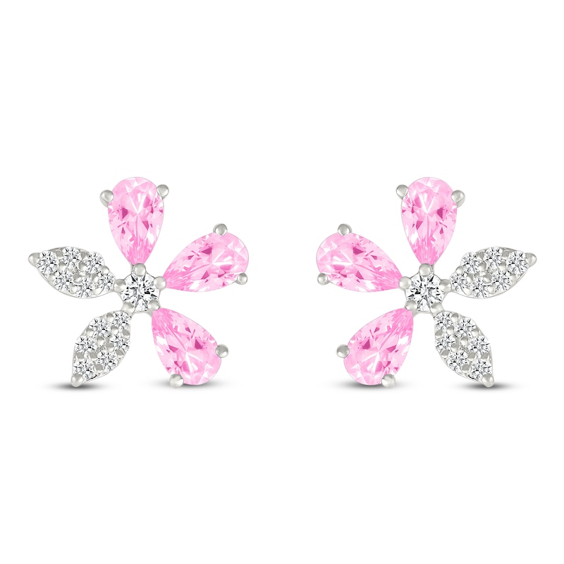 Main Image 3 of Pear-Shaped Pink Lab-Created Sapphire & White Lab-Created Sapphire Flower Stud Earrings Sterling Silver