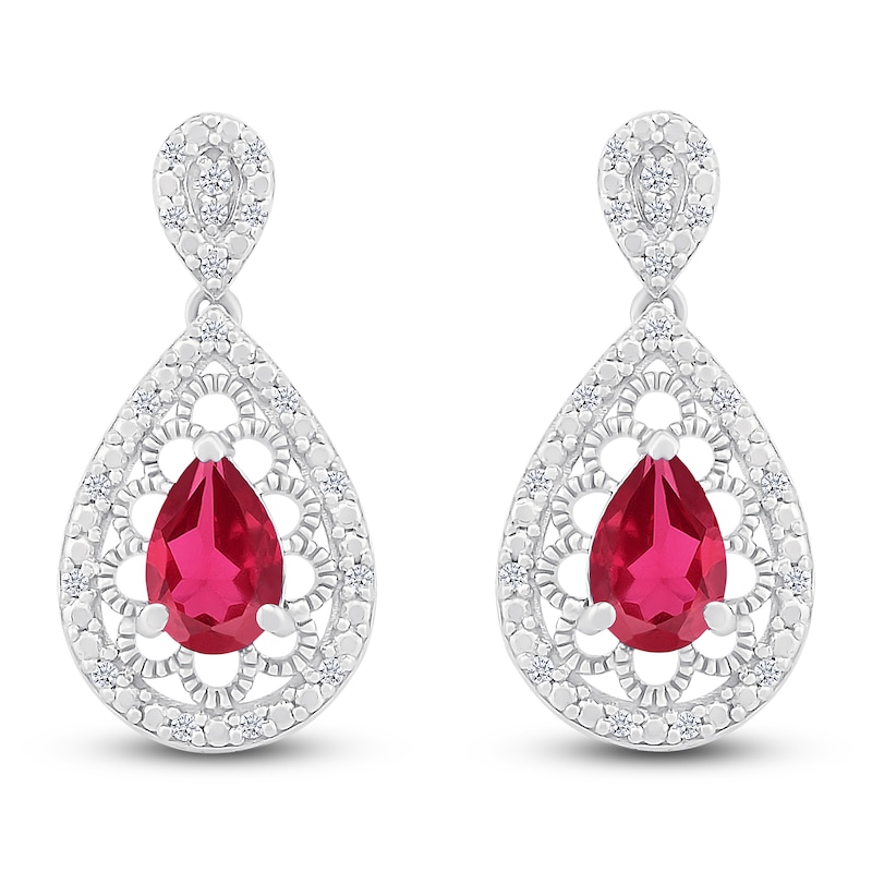 Main Image 1 of Pear-Shaped Lab-Created Ruby & Diamond Filigree Dangle Earrings 1/6 ct tw Sterling Silver