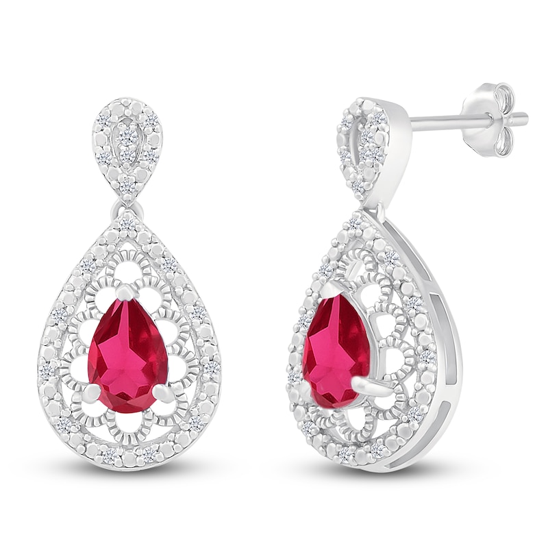 Main Image 2 of Pear-Shaped Lab-Created Ruby & Diamond Filigree Dangle Earrings 1/6 ct tw Sterling Silver