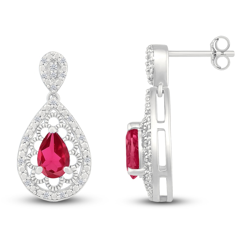 Main Image 3 of Pear-Shaped Lab-Created Ruby & Diamond Filigree Dangle Earrings 1/6 ct tw Sterling Silver