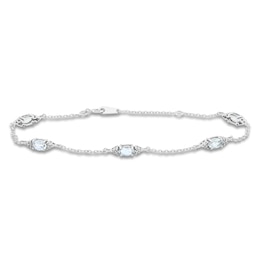 Oval-Cut Natural Aquamarine & Diamond Station Bracelet 1/15 ct tw 10K White Gold 7.25"