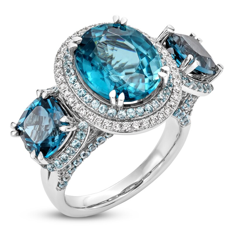 Main Image 2 of Natural Blue Zircon, London Blue Topaz & Diamond Ring 3/8 ct tw Platinum