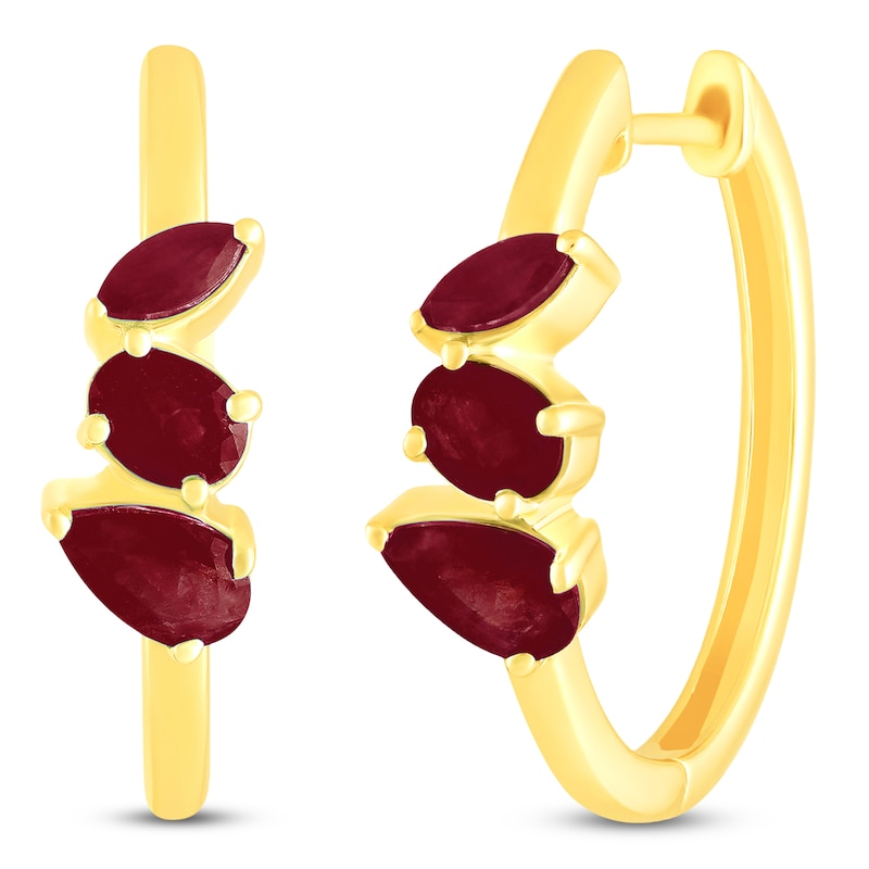Main Image 2 of Pear, Oval & Marquise-Cut Natural Ruby Hoop Earrings 10K Yellow Gold