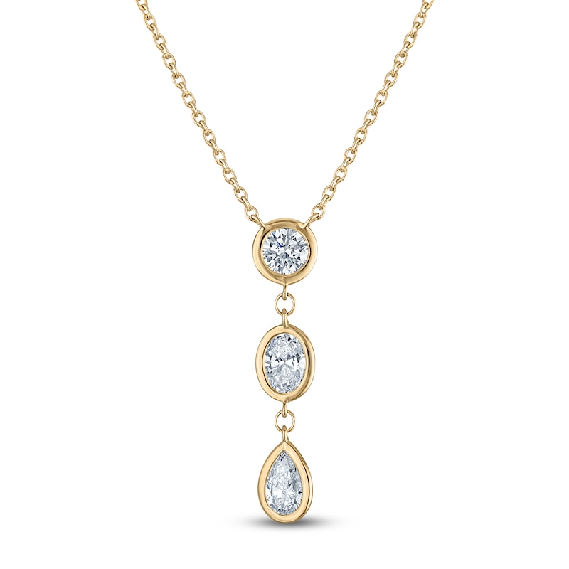 Main Image 1 of Pear, Oval & Round-Cut Lab-Grown Diamond Three-Stone Bezel-Set Necklace 3/4 ct tw 14K Yellow Gold 18"