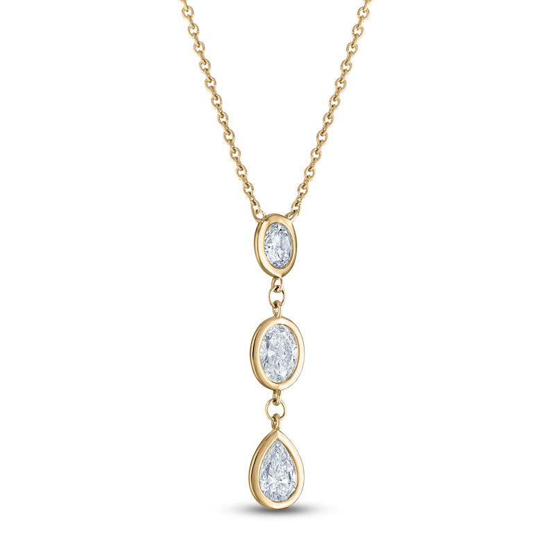Main Image 2 of Pear, Oval & Round-Cut Lab-Grown Diamond Three-Stone Bezel-Set Necklace 3/4 ct tw 14K Yellow Gold 18"