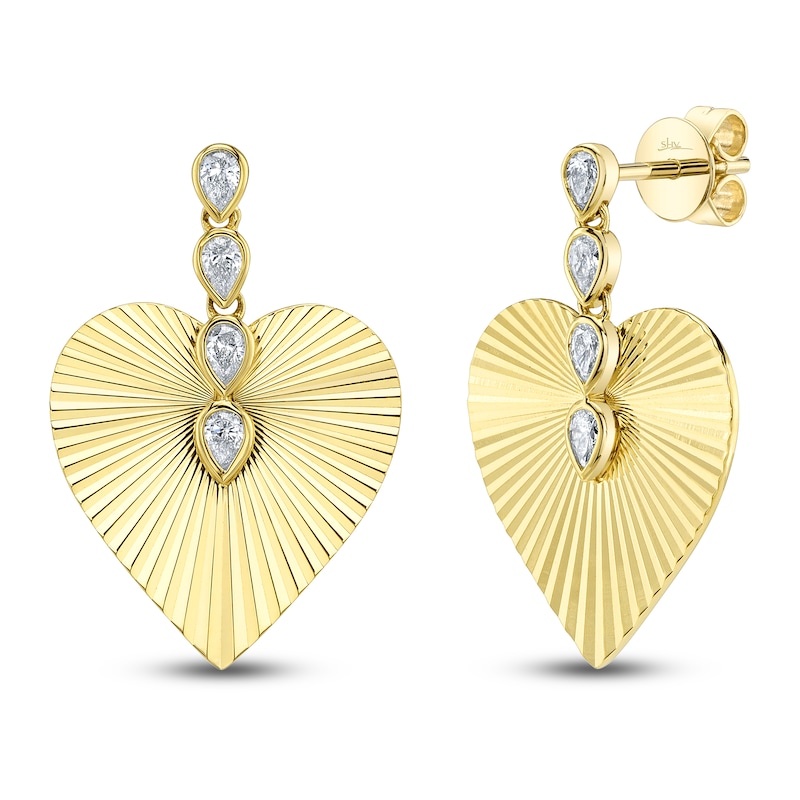 Main Image 2 of Shy Creation Pear-Shaped Diamond Textured Heart Dangle Earrings 1/3 ct tw 14K Yellow Gold