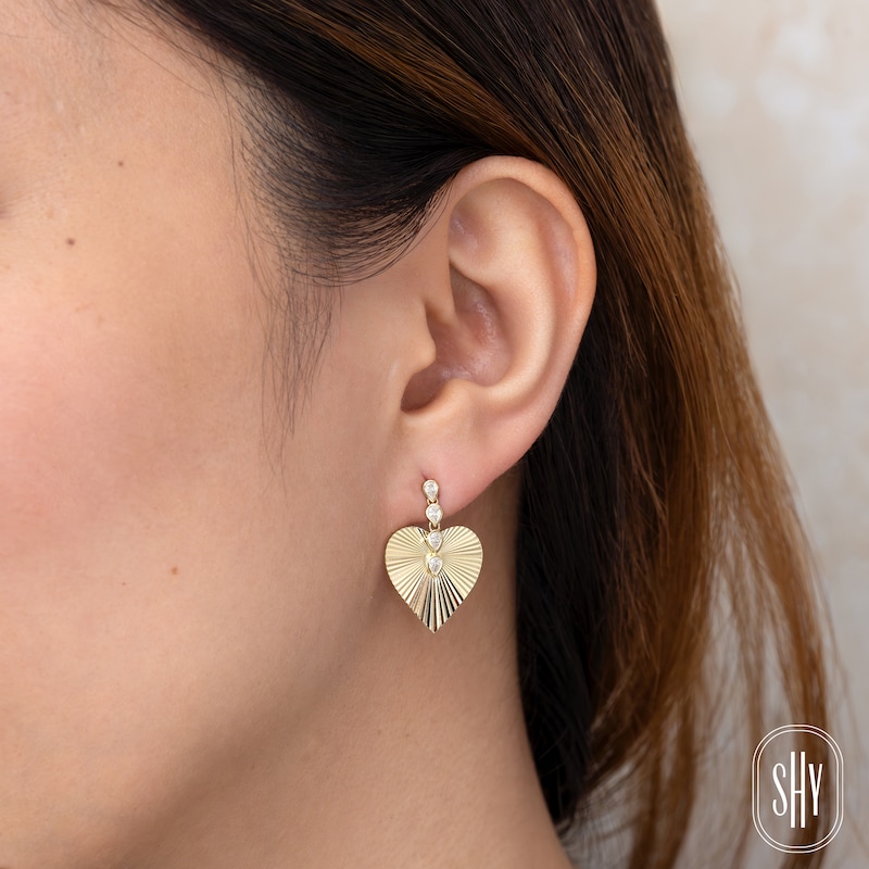 Main Image 3 of Shy Creation Pear-Shaped Diamond Textured Heart Dangle Earrings 1/3 ct tw 14K Yellow Gold