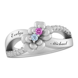 Birthstone Couple's Flower Ring (2 Stones and Lines)