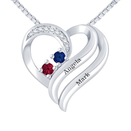 Couple's Birthstone Double Heart Necklace 1/20 ct tw Diamonds (2 Stones and Lines)