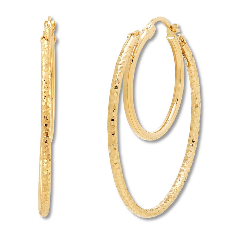 Main Image 1 of Textured Double Hoop Earrings 14K Yellow Gold