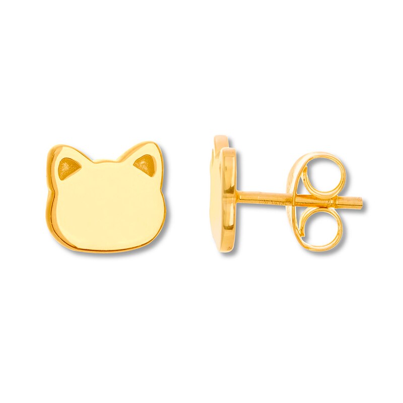 Cat Stud Earrings 14K Yellow Gold