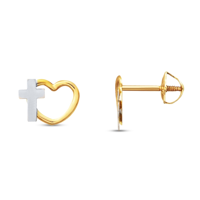 Main Image 1 of Children's Earrings Heart and Cross 14K Yellow Gold
